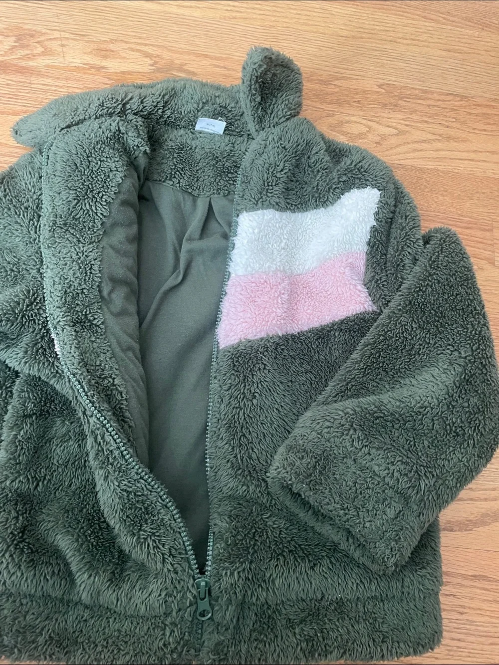 Kids Plush Zip-Up Jacket in Olive with Pink & White Stripe